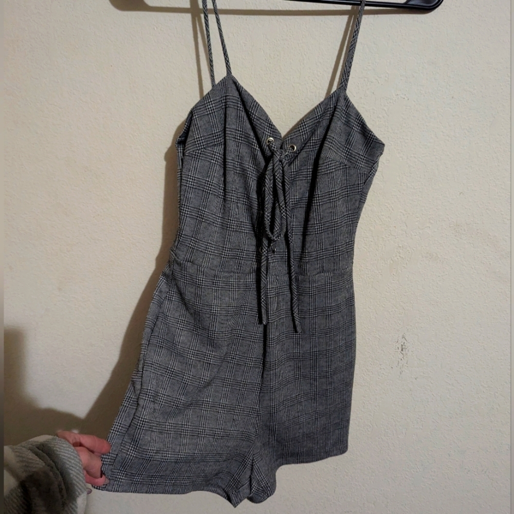 Medium grey plaid romper